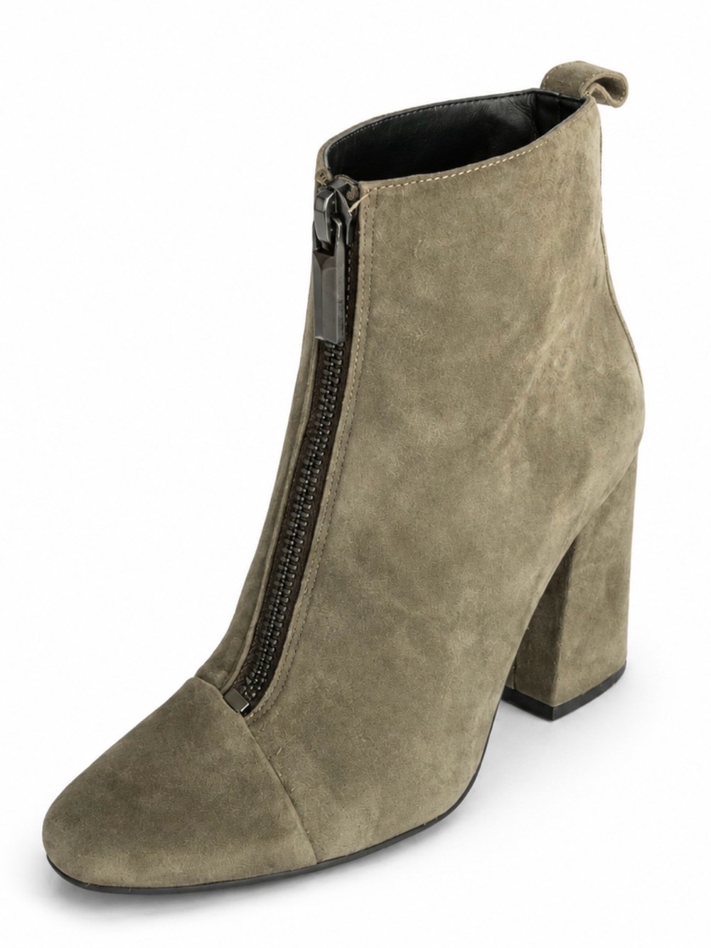 Kendall + Kylie Olive Taupe Suede Leather Front Zip Block Heel Boots Size 7.5